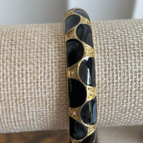 Nordstrom Enamel Hinge Clamp Bangle Cuff Clamper Bracelet Gold Black Rhinestone - Picture 3 of 7